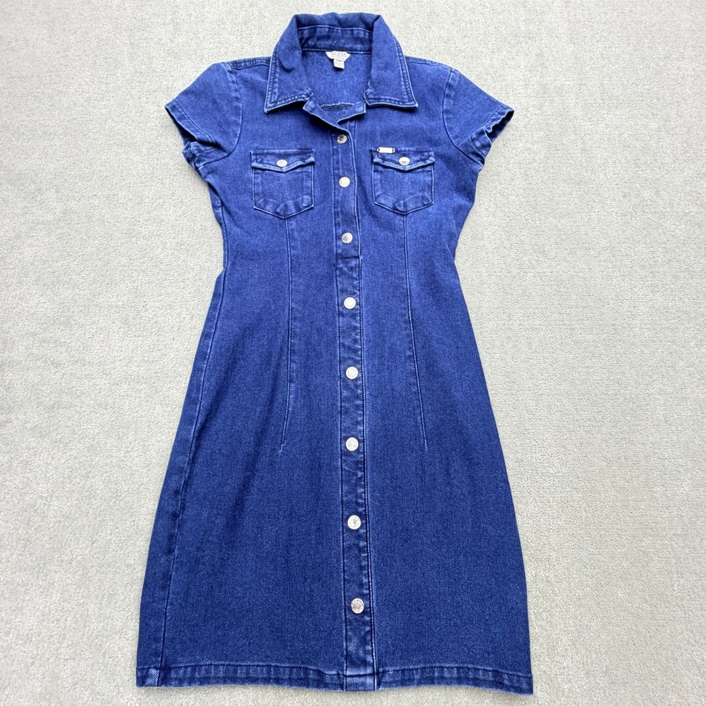 Guess Denim Mini Dress Womens XS Blue Short Sleeve Silver Snap Front Y2K Style